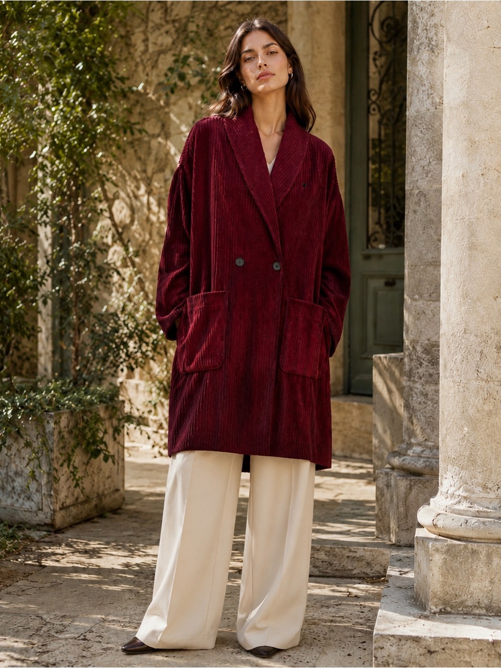 Raquel Allegra Ombre Wide Wale Corduroy Rancho Burgundy Swing Coat, Size S NWT